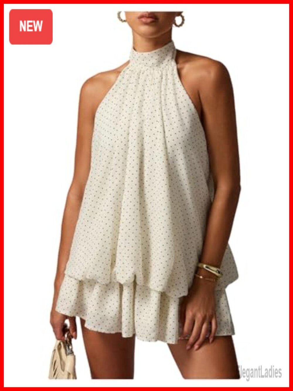 Polka Dot Halter Neck Mini Dress Sleeveless Layer Ruffle Chiffon